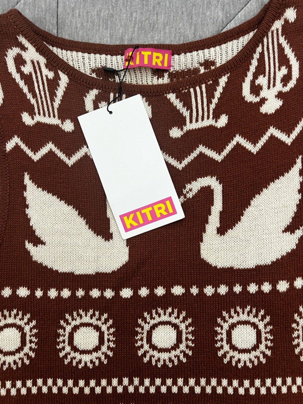 Kitri Brown & Cream Hailey Swan Fairisle Knit Sweater Vest - Picture 3 of 6